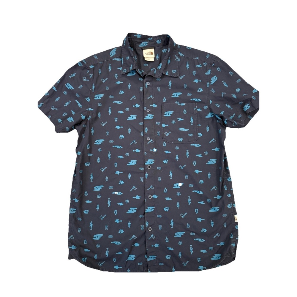 North Face Shirt Mens L Blue Short Sleeve Button Up Camping Hiking Outdoors Top